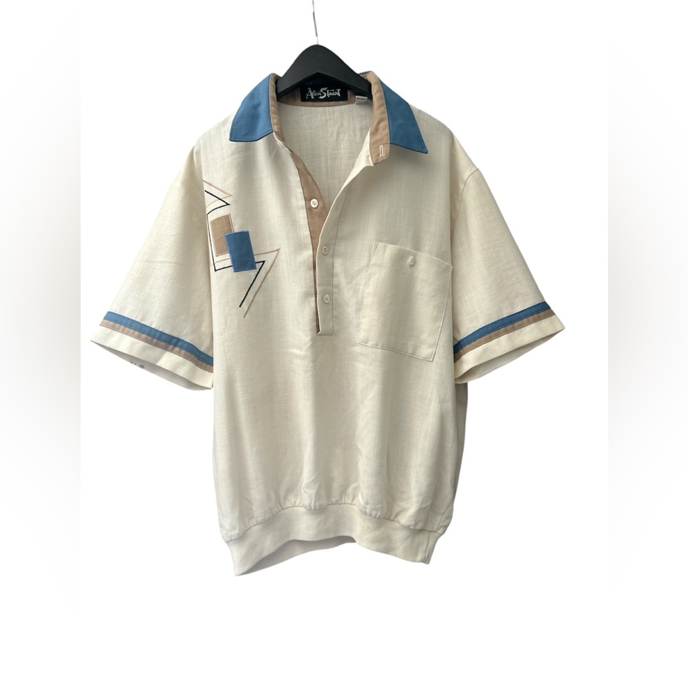 Vintage 80s Alan Stuart Cream Polo Shirt with Blue and White Graphics-Large